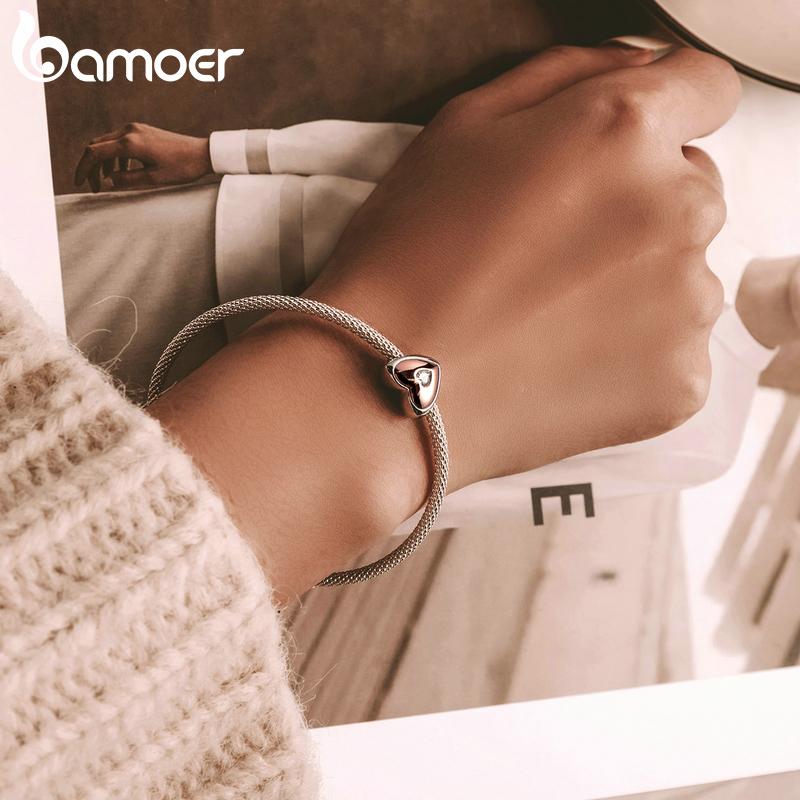 BAMOER 925 Sterling Silve Charm Two Color Heart Love Zircon Plated Rose Gold Fit Original Charms DIY Bracelets Bangles Jewelry