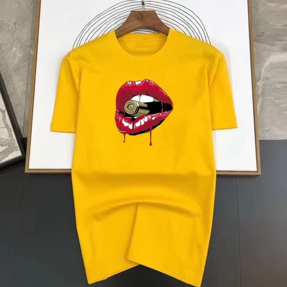 Brand T Shirts for Men Summer Fashion Sexy Lips Bite Bullets Print Shirt Cotton High Quality Woman Clothing Tops Streetwear