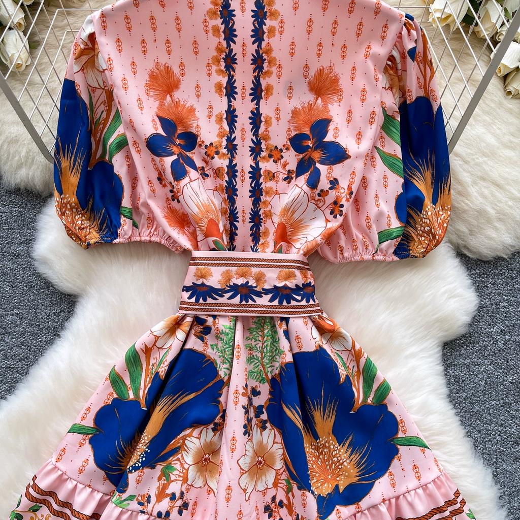 Summer Women Stand Collar Puff Sleeve Single Breasted Lace Patchwork Print Mini Short Party Dresses