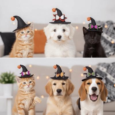 Sequin Bowknot Cat Wizard Cap With Bell Dog Halloween Headwear Pet Witch Hat  Small Animals