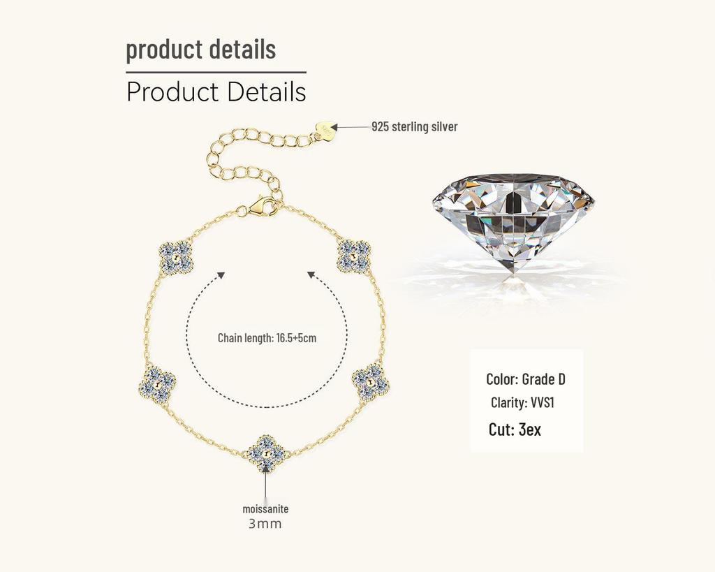Four-Leaf Clover Necklace: Japanese & Korean Style, S925 Sterling Silver Moissanite Pendant, Gold-Plated Clavicle Chain