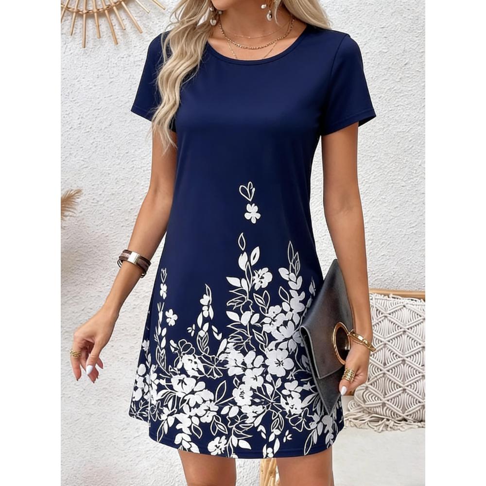 Damen Casual Blumenmuster Minikleid Vintage Rundhals Kurzarm Modisch Boho Freizeitkleider