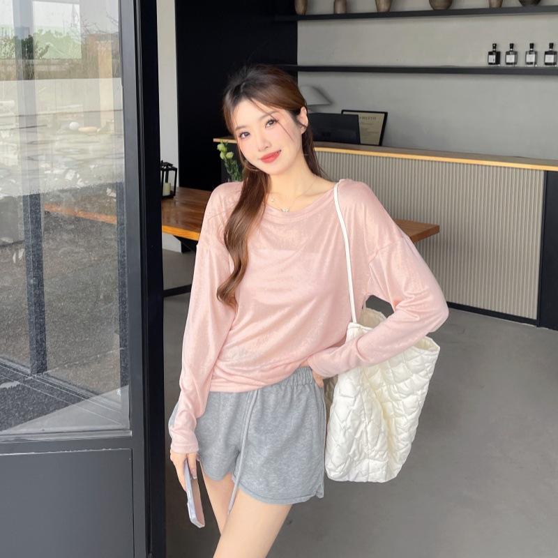 Summer Women's Loose Long Sleeve Blouse Bottom Shirt Thin Round Neck Sun Shirt Pullover Air Conditioner Hoodie
