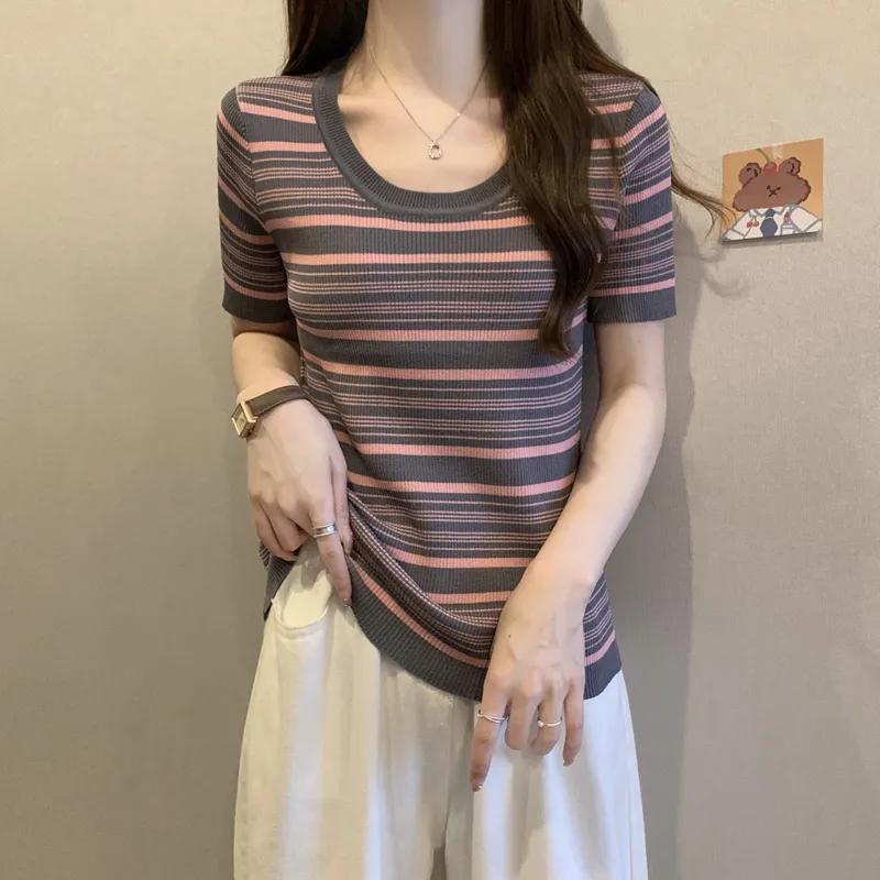 

Женский полосатый вязаный топ с круглым вырезом, облегающий L серый