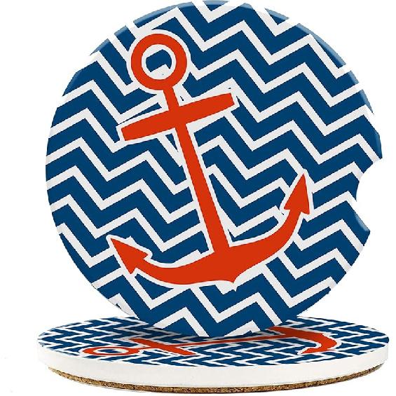 Car Coaster for Cup Holders,Hawaii Blue Hibiscus Ceramic Car Cup Coaster Anti Slip Cork Base 2Pcs Auto Accessories for Women Men 2.56 Inch Anchor and Blue Ripple