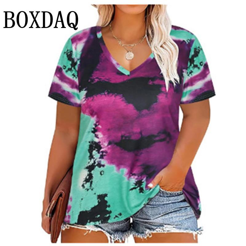Trendiges Plus-Size Damen Tie-Dye V-Ausschnitt T-Shirt Mode Kurzarm Lockerer Pullover Tops Für Lässige Sommerkleidung Große Größen T-Shirts