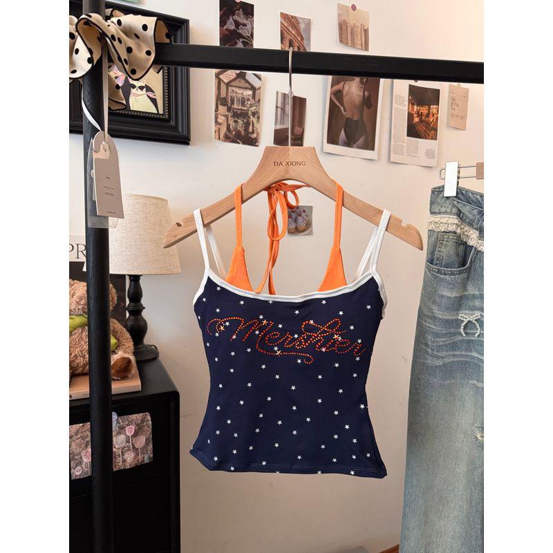 Kumikumi Gyaru Wind XINGX Print Cami Women clothes Summer American Hot Drilling Belt Chest Pad Sleeveless Top