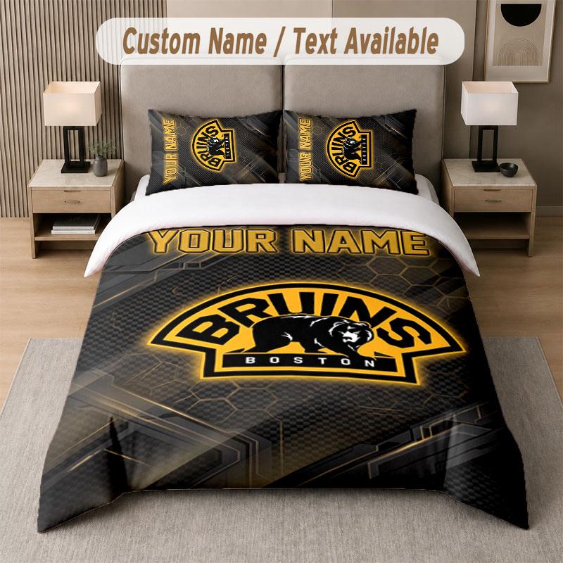 Set Biancheria da Letto Personalizzato Modello Boston Bruins, Stampa Nome Testo 1 Copripiumino più 2 Federe Tessile per la Casa