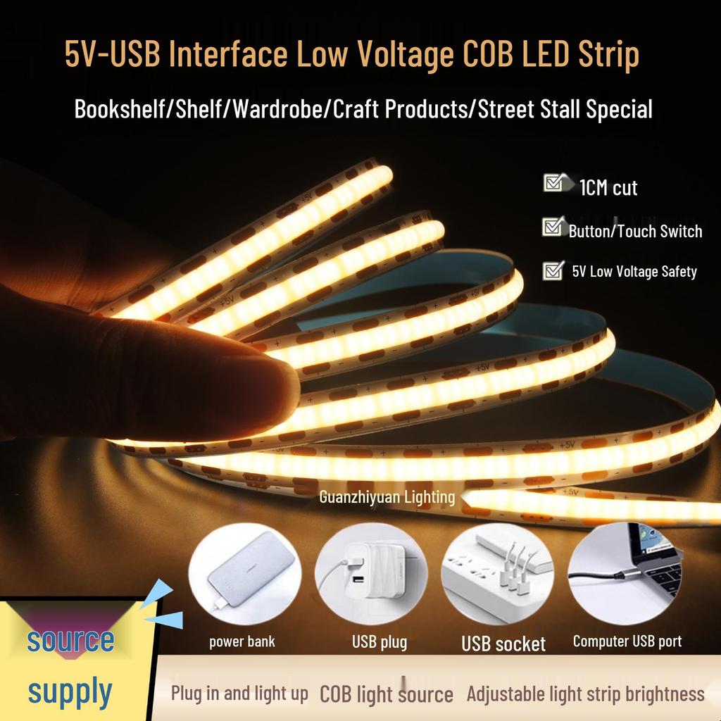 5V USB COB LED Strip Light: High CRI, Low Voltage, Self-Adhesive, Dimmable for Wardrobe and Shelf Lighting.