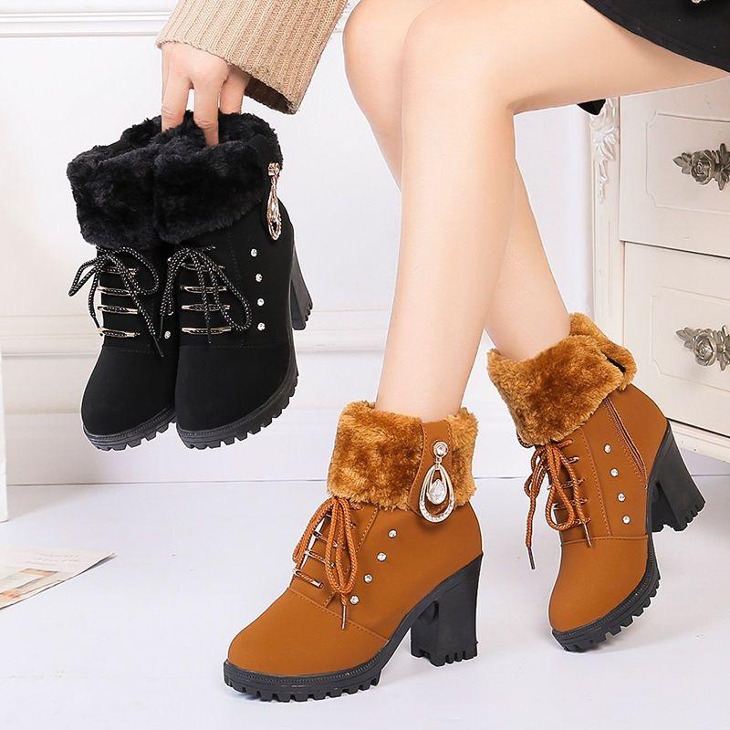 Women's Platform High Heels Snow Boots Women Fur Warm Flip Winter Lady Ankle Boots Fashion Casual Cozy Short Boots Zapatos Mujer
