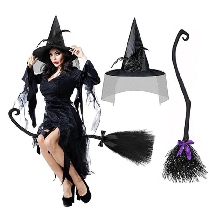 Halloween Witch Cosplay Set Witch Broomstick Witch Hats Pointed Witch Hats Flying Broomstick for Theme Party