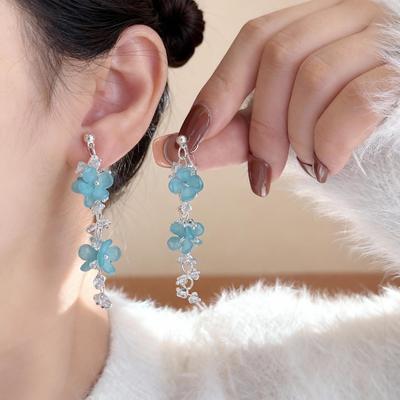 Pendientes de Borla de Cristal con Flor Azul Hada