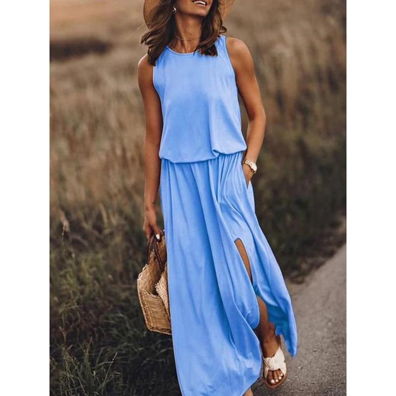 Vestido Largo Casual de Color Sólido sin Mangas con Cuello Redondo, Abertura Lateral, Ropa Nueva Europea y Americana para Mujer de Primavera y Verano