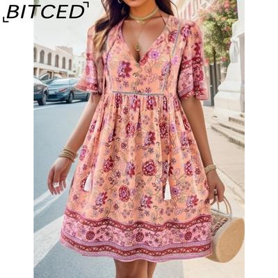 Women's Fashion Summer Spring Floral Print Short Sleeve V-Neck  Casual Dresses