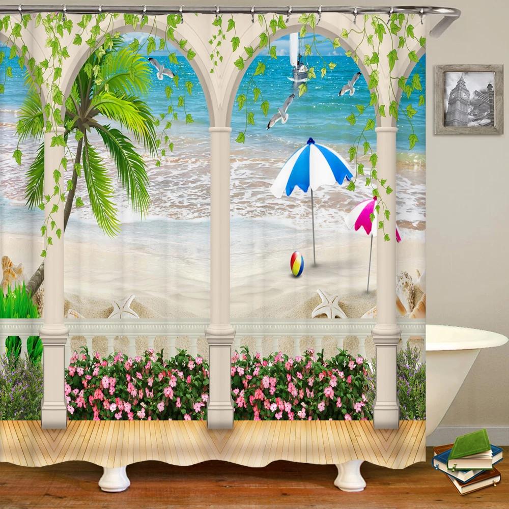 Badrum Vattentät Duschdraperi Polyester 3D Berg Trädgård Havssida Vacker Blomma Landskapstryck Hemdekoration Draperi