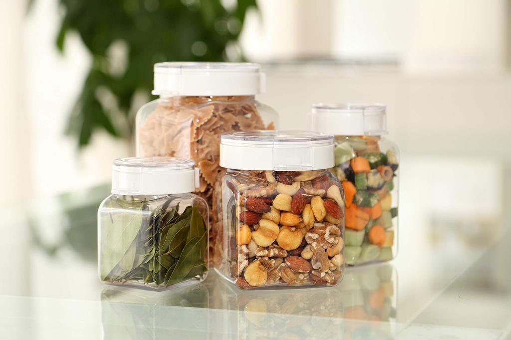 Juego de Almacenamiento Oficial Takeya Freshlock Blanco de con Perfecto para Contenedores de Patatas y Snacks, 3, Cuadrado, 1.7L (1700ml), Cuchara, Hermético,