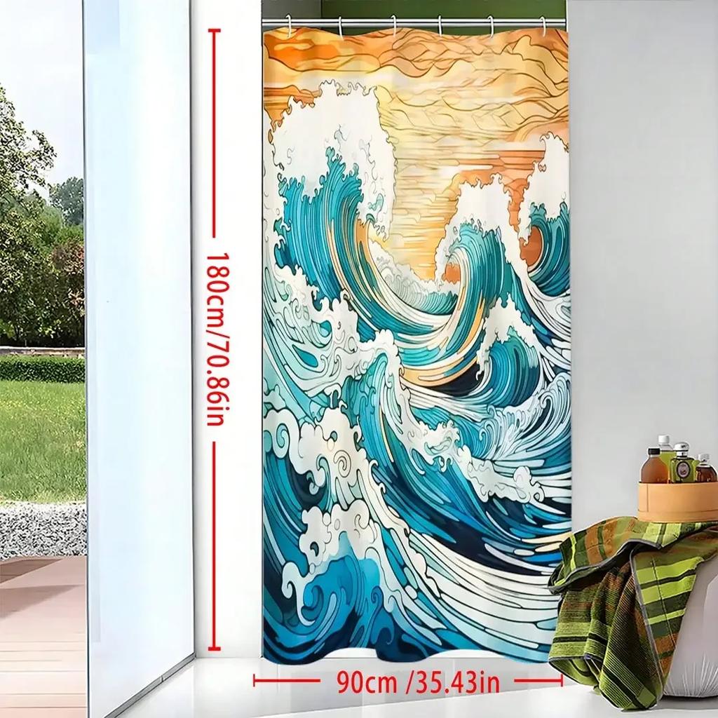 Ocean Wave Shower Curtain: Embrace The Dynamic Design, Soft Fabric, And Nautical Vibes For Your Inspiring Bathroom