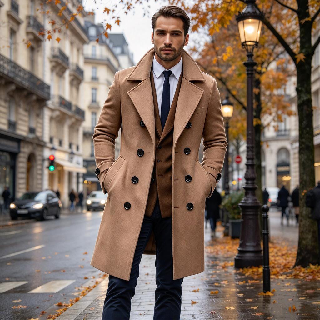 Men's Double-Breasted Long Wool Overcoat Winter Trench Coat for Business Casual