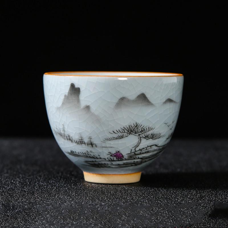 Boutique Ru Kiln Ceramic Teacup Hand Painted Flowers Meditation Cup Travel Tea Bowl Tie Guanyin Pu'er Master Cup Tea set Gifts