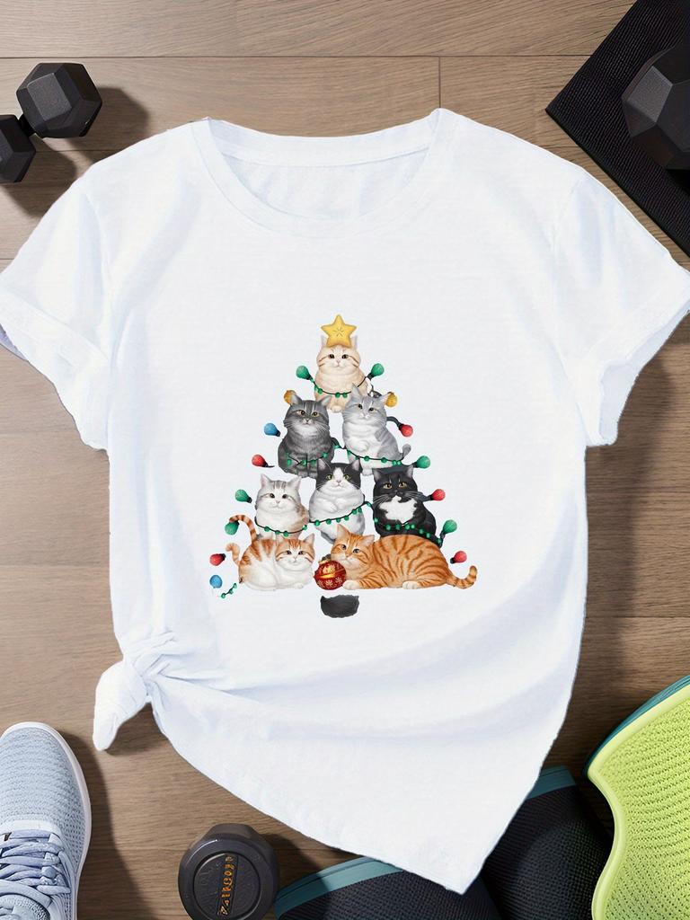 Cats Christmas Tree Womens Short Sleeve TShirt Harajuku Short Sleeve Casual Tshirt Clothing Street Tops Tees Aesthetic Clothes