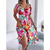 New Women's Floral Print Square Neck Dress, Short Sleeve A-Line Midi Dress with Ruffle Hem & Tie Waist for Spring Summer Casual Party & Daily Wear