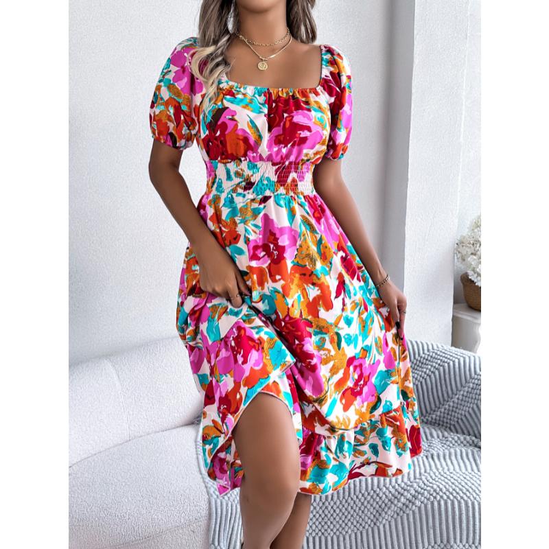 New Women's Floral Print Square Neck Dress, Short Sleeve A-Line Midi Dress with Ruffle Hem & Tie Waist for Spring Summer Casual Party & Daily Wear
