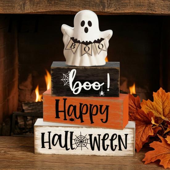 Decorative Seasonal Gifts Halloween Ghost Decoration, Wooden Sign Tiered Tray Ornament, Farmhouse Flexible Layered Wood Blocks Tabletop Centerpiece