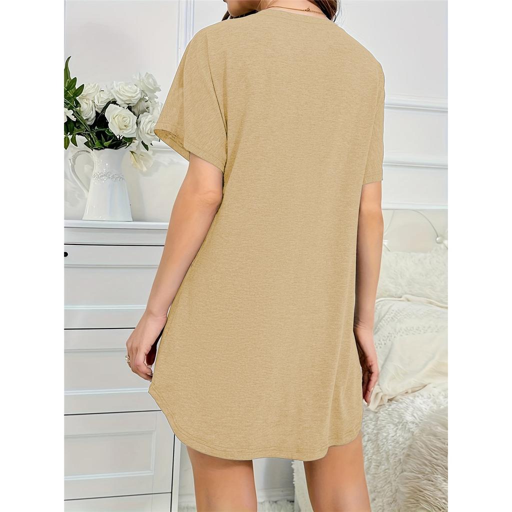 Women's pajamas dress Khaki short-sleeved V-neck casual dress