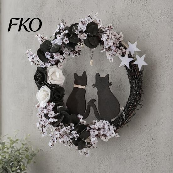 Orange Warm Light Halloween Decor Floral Garland, with String Lights, Black Cat Silhouette Nighttime Glowing Wreath Wreath, for Front Door