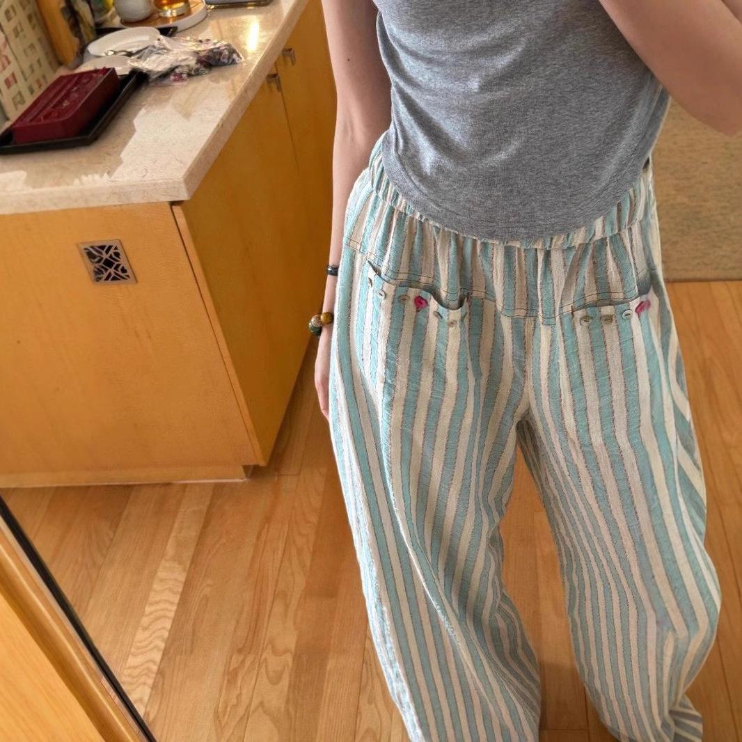 

Mint Green Vertical Striped High Waist Wide Leg Pants for Women - Spring/Summer Plus Size, Loose, Slimming Casual Wear XXL [up to 75 kg]
