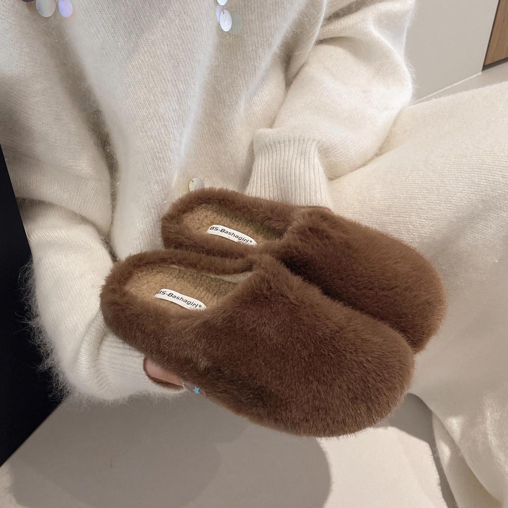 3cm2025 Niche White Plush Slippers Women's New Korean Version Retro Back Empty Autumn and Winter One-word Drag