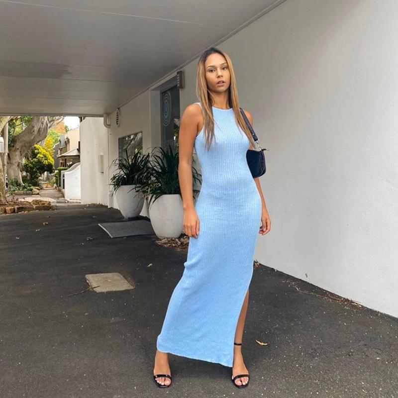 Summer Spaghetti Strap Knitted Dress Women Backless Slim Hip Ladies Solid Color Sling Long Party Dress