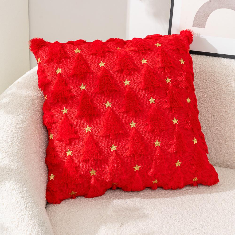 Christmas Tree Fleece Cushion Cover with Star Embroidery - Holiday Sofa Decoration Pillow Cover