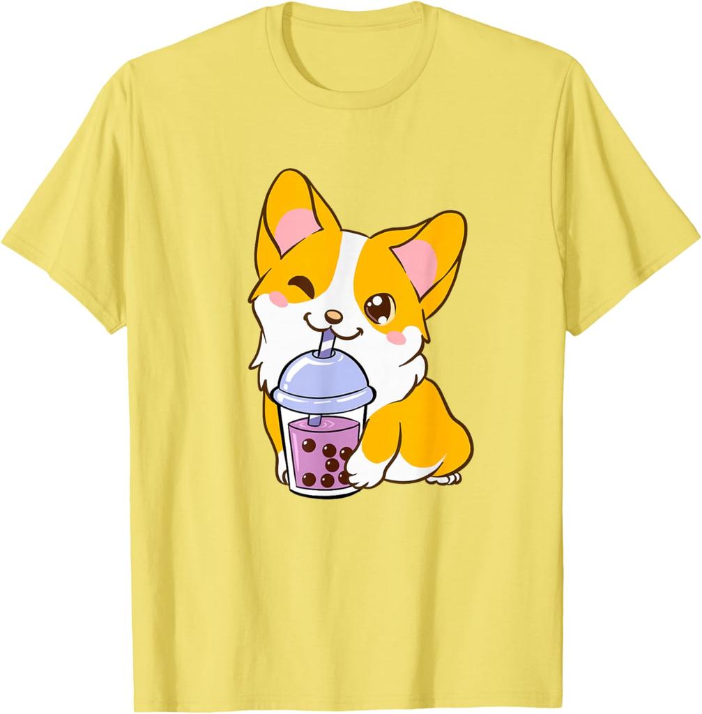 Kawaii Corgi Drinking Boba Tea Cute Dog Lover Graphic Tee Casual Short Sleeve T-Shirt