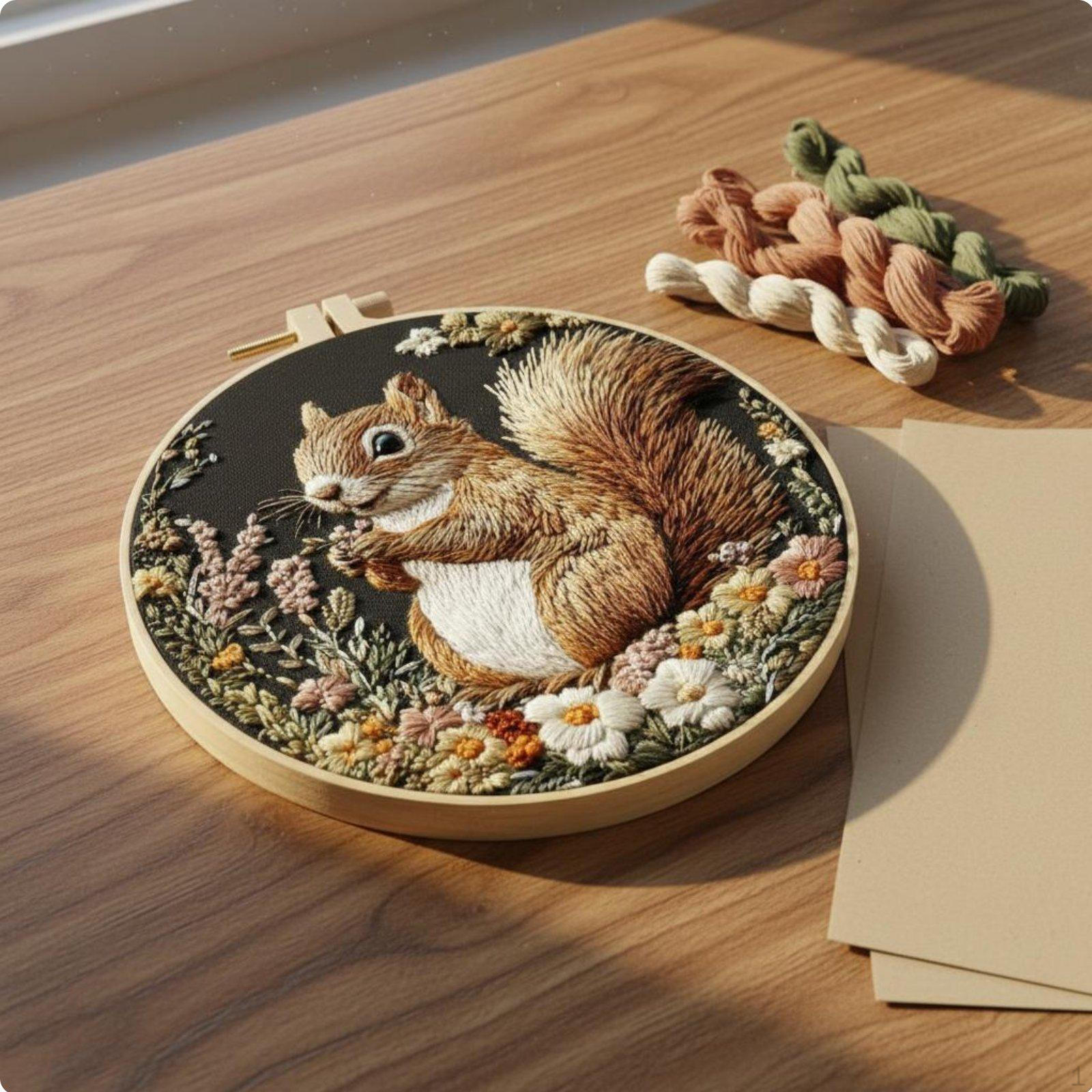 DIY Squirrel Embroidery Kit European Design Set Great Gift Printed Material for Floral Squirrel