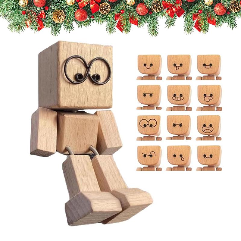 Christmas Shaking Wooden Man, Shaking Wooden Man Figurine With 12PCS Magnetic Expressions, Charming Little Wood Figure
