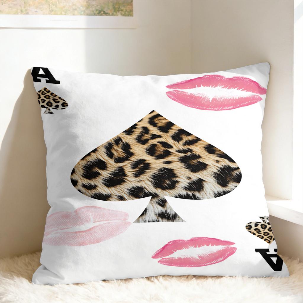 Leopard & Card Print Pillow Case  Comfy Pillow Cover Kawaii Pillowcases For Sofa Couch Bed Living Room
