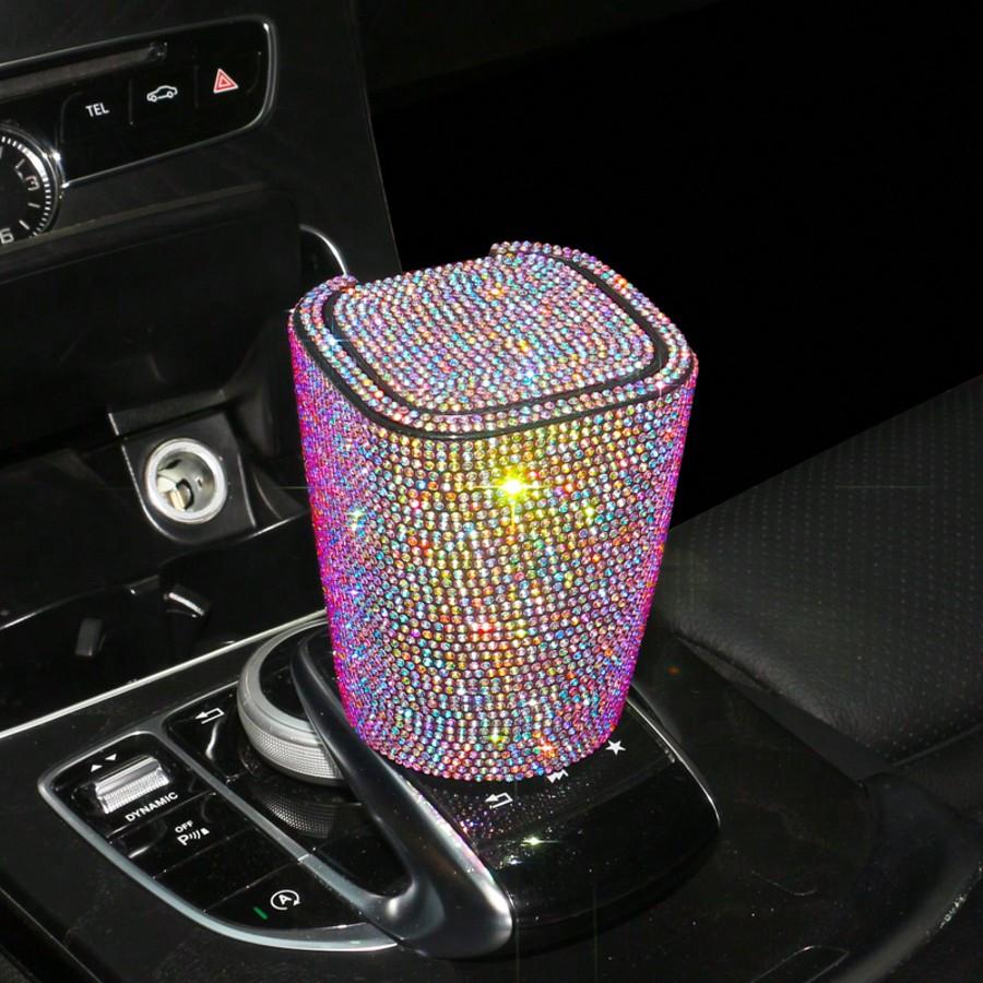 1pc Luxury Sparkling Crystal Ashtray with Lid, Glittering Cup Holder Design, Crystal Decorative, Portable Smokeless Cylinder