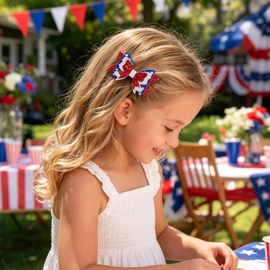 Independence Day Bow Hair Clip, Double-Layered Red White Blue Glitter Bow Hair Pin, Non-Slip Clip for Holiday Party Accessory