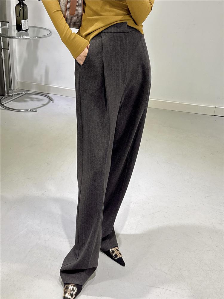 Gray Wool High-Waisted Wide-Leg Pants for Women - Comfortable, Slimming, Drape Straight-Leg Fit for Autumn and Winter