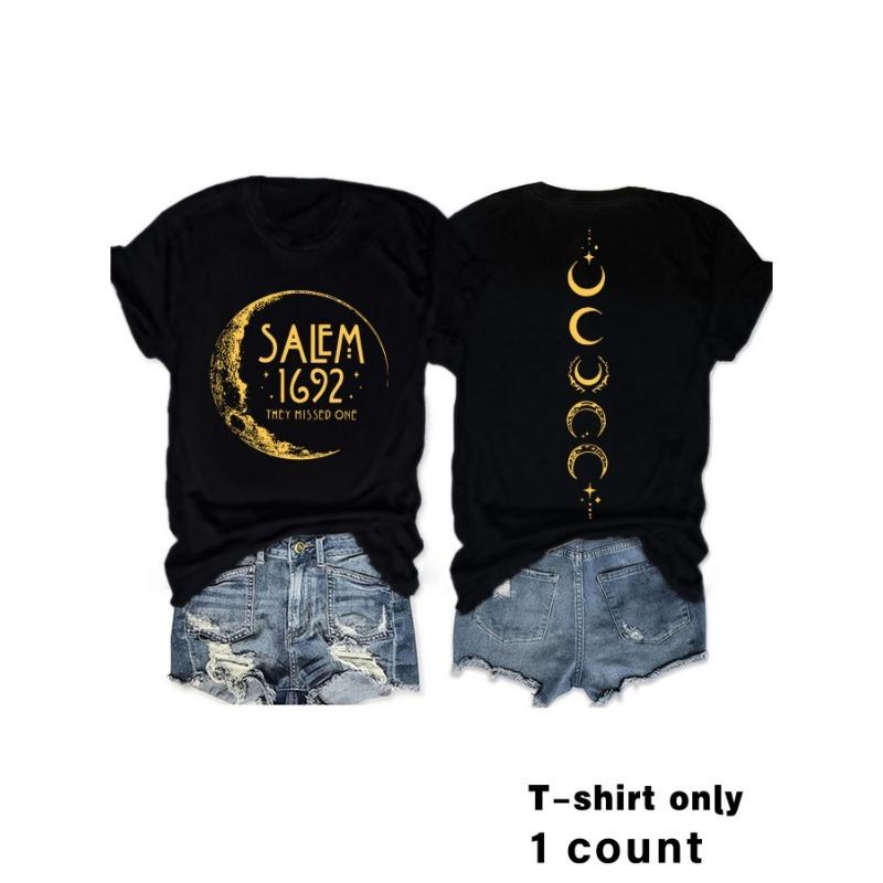 Women's Summer Moon and Letter Round Neck Pullover Short Sleeve T-Shirt