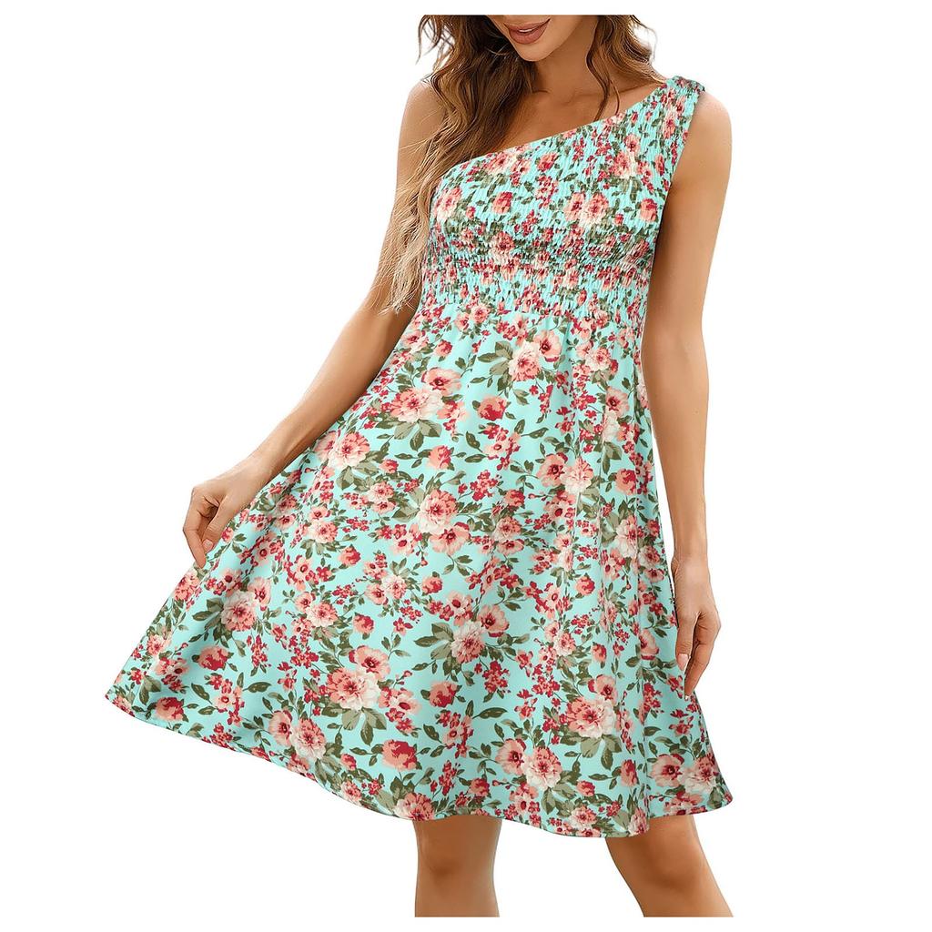 Summer Beach Skirt Floral One Shoulder Medium Length Dress Bohemian Strapless Strapless Dress