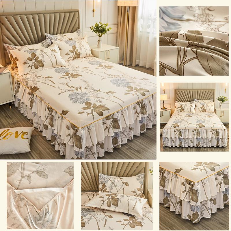 3PC Printed Bed Skirt Set 1Bed Skirt+2Pillowcases Floral Lace Bed Skirt Breathable Soft Bed Cover Bedding Set 360 ° Anti Slip Mattress Protector Cover