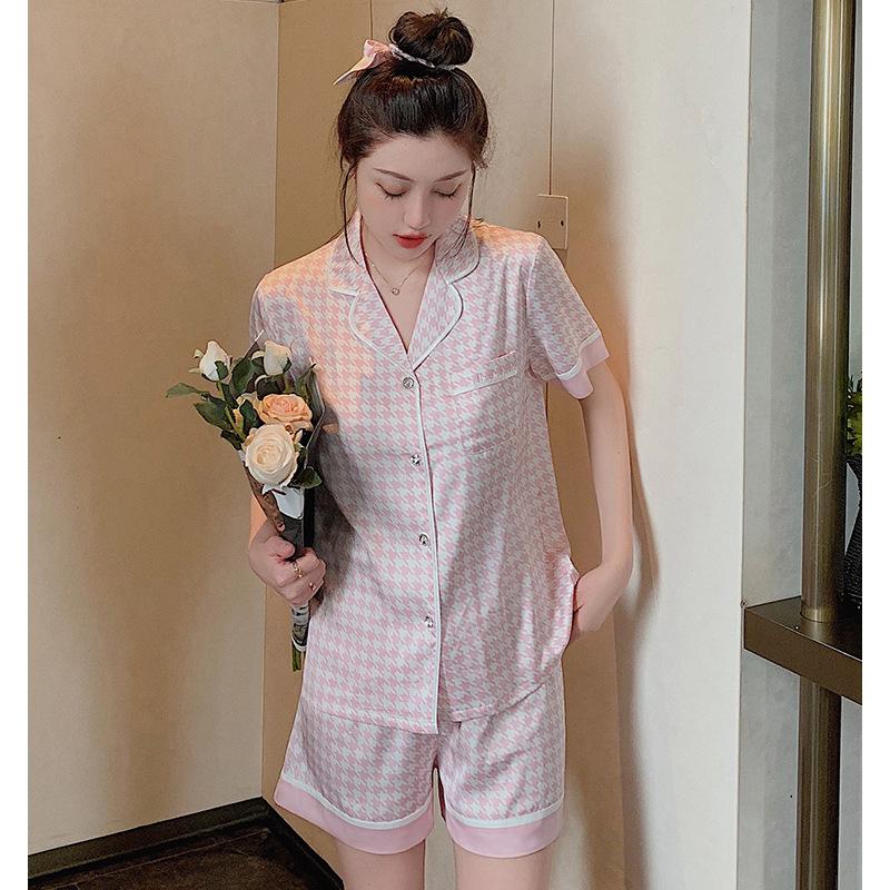 Fashion Temperament Summer Pajamas Women'S Short-Sleeved Shorts Lapel Cardigan Pink Thousand Bird Grid Loungewear Set