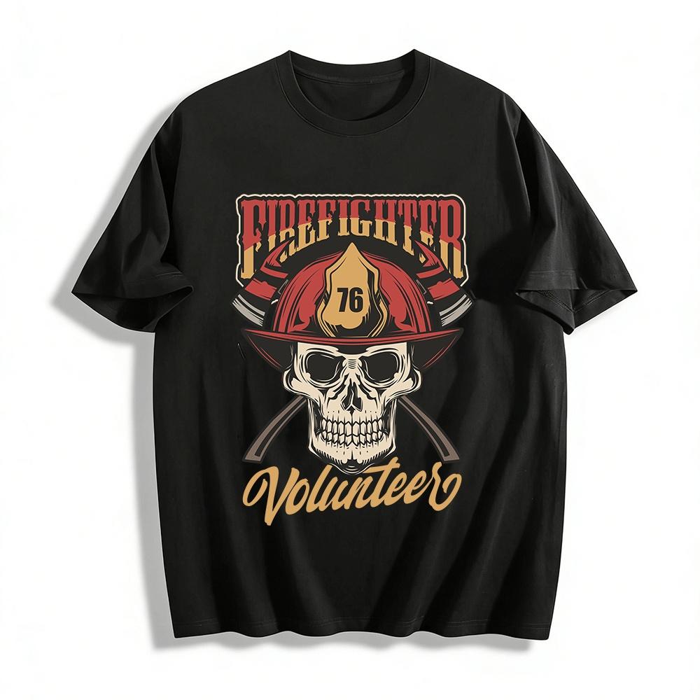 Vintage Volunteer Firefighter Skull Print Casual T-Shirt No.76 Pure cotton T-shirt XXS