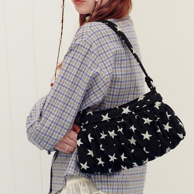 

Gingham Star Print Ruched Shoulder Bag Women Cute Y2k Style Hobo Bag With Heart Pendant Casual Dating Commute Underarm Tote Bag 28x4x16cm