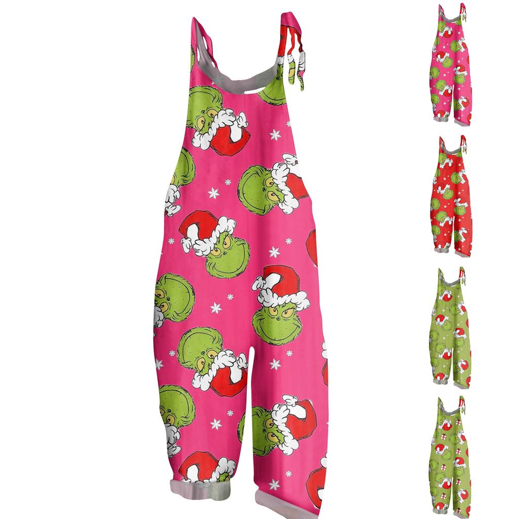 Women's Casual Loose Jumpsuit Christmas Print Wide Leg Jumpsuit Sleeveless With Pockets