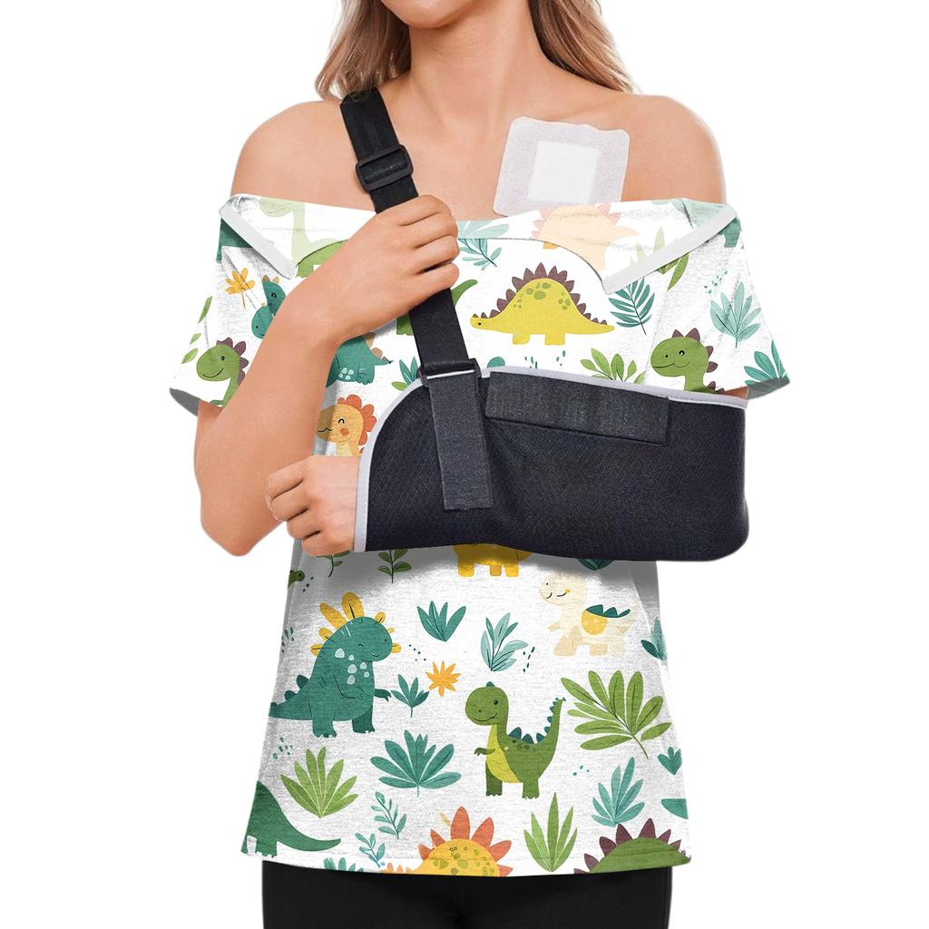 Post Surgery Shirt for Women Animal Print Short Sleeve Top with Shoulder Zipper Side Velcro Closure Comfortable Fit Recovery Wear