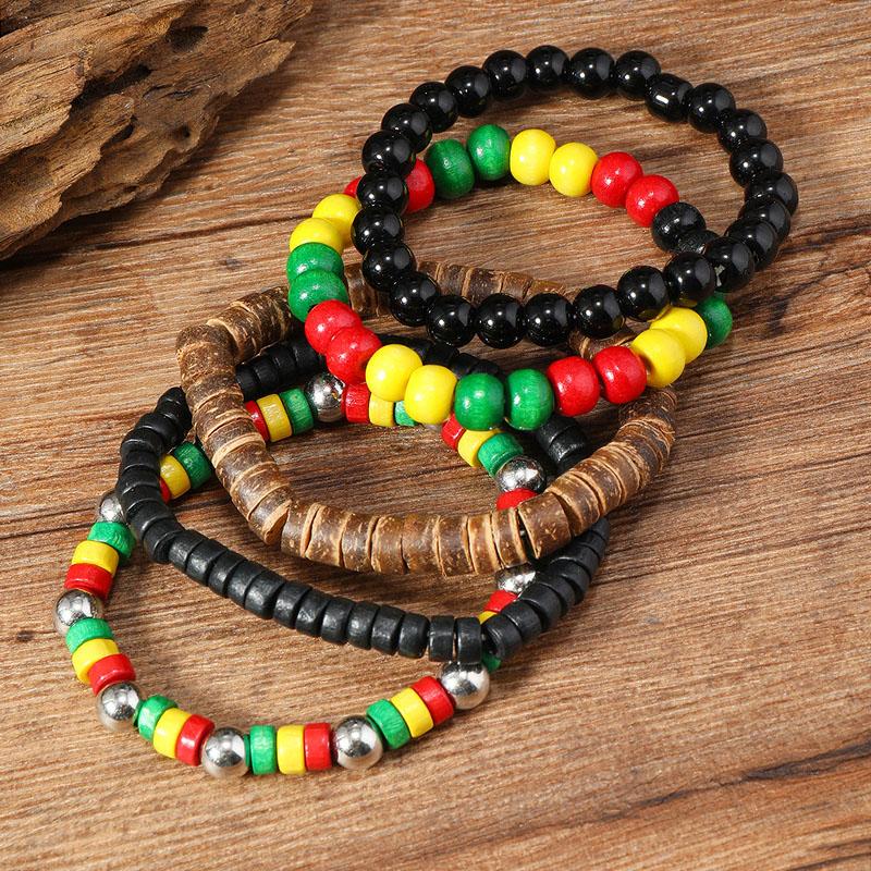 5 ks barevných náramků v reggae stylu, sada stohovatelných náramků, boho etnické ručně vyráběné dárky, červený, žlutý, zelený, černý, dřevěný korálkový náramek na zápěstí