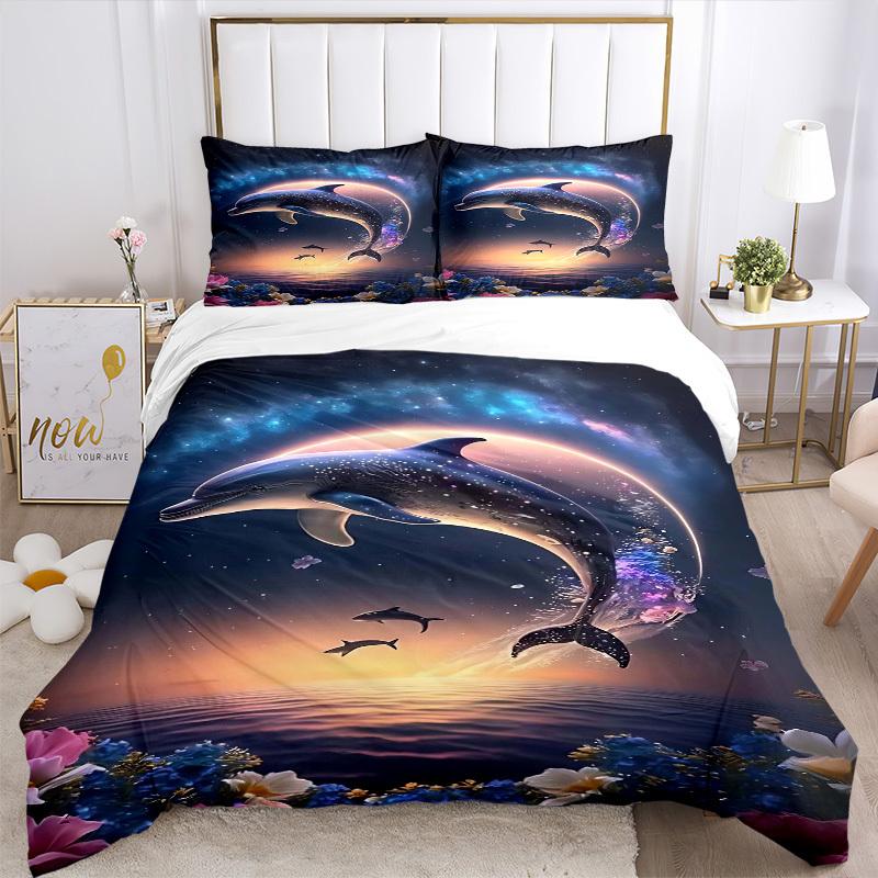 3pcs Anime Dolphin Bedding Set - Includes One Quilt Cover and Two Pillowcases (No Core) - Polyester Fabric, Perfect for Bedroom and Guest Ro